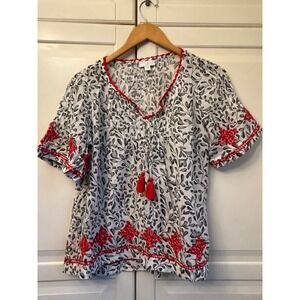 J. Jill Womens XS‎ Cotton Gauze Embroidered Tassel Boho Blouse Black Red Leaf